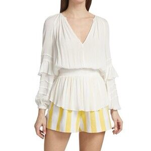 LAgence Brigitta Blouse V-Neck Ruffled Sleeves Smocked Waist Womens Top White XS